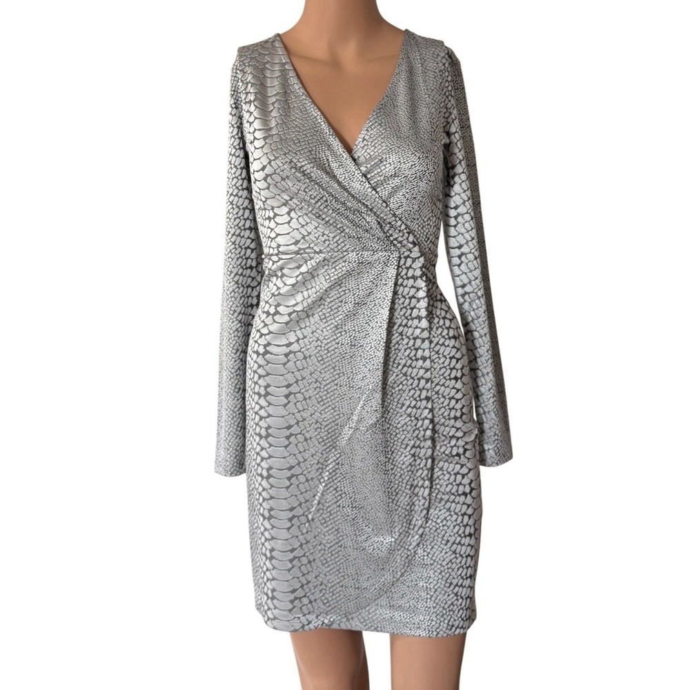 French Connection Dress Womens 0 Faux Wrap Snake Print Silver Jacquard Slinky